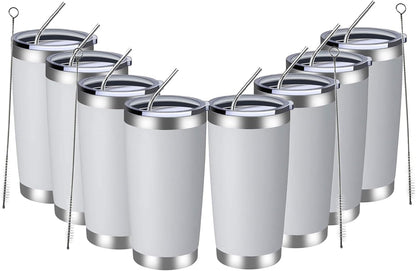 MEWAY 20oz Tumbler 8 Pack Double Wall Vacuum Insulated Travel Mug Bulk, Stainless Steel Tumblers with Lid and Straw, Durable Powder Coated Coffee Cups for Cold & Hot Drinks (White, 8)