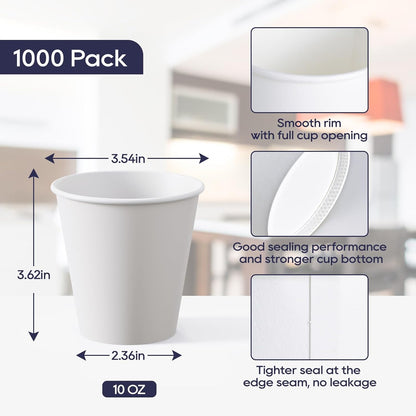 LITOPAK 1000 pack 10 oz Disposable Paper Coffee Cup, Hot Paper Coffee Cups, 10 oz White Paper Cups for Offices, Schools, Shops, Restaurants