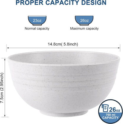 HOTEC Unbreakable Wheat Straw Cereal Bowls - Microwave & Dishwasher Safe Soup and Salad Bowls BPA Free, Set of 8, 26oz, White