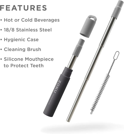 ZOKU Reusable Metal Straw with Case for Travel, Grey - Collapsible Stainless Steel Drinking Straw with Silicone Tip and Cleaner Brush, Ideal for Key Chains, Pockets, Purses