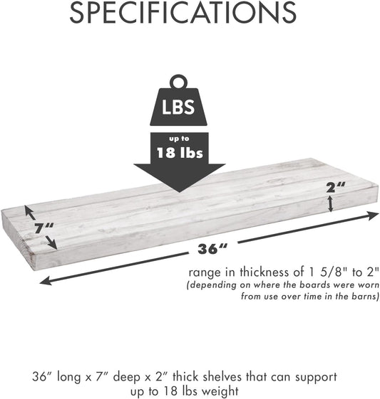 Urban Legacy Reclaimed Barnwood Planks | Floating Shelves for Wall w/Flush Mount Shelf Bracket Set Included | Set of 2 (White Wash, 36" x 7"x 2")