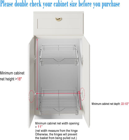 DINDON 2 Tier Pull Out Cabinet Organizer (11"W X 21"D), Double Tier Wire Basket Slide Out Shelf Storage for Kitchen Base Cabinet Organization for Kitchen, Pantry, Bathroom, Chrome