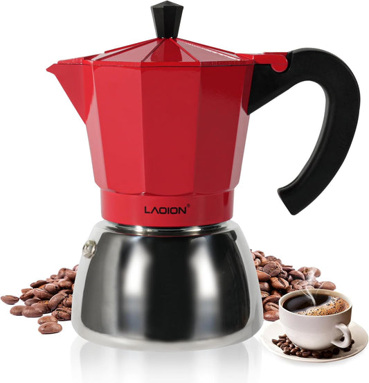Stovetop Espresso Maker, 6Cup Moka Pot, Espresso Machine Compatible with Induction Cooktops, 300ml Stainless Steel & Aluminum Cuban Coffee Maker for Cafetera Cubana, Red