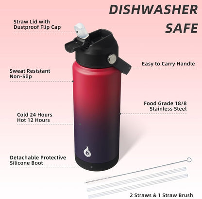 BJPKPK Water Bottle with Straw Lid, 24oz Vacuum Insulated Water Bottles, Metal Stainless Steel Thermos for Sports, Travel, BPA Free Leak Proof Thermos, Cups, Flasks, Tumblers,Charming Red