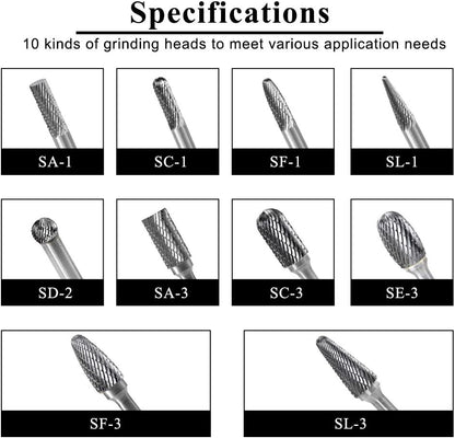 Carbide Burrs Set 10pcs Double Cut Solid Carbide Rotary Burr Set 1/4" Shank Die Grinder Bits for Steel,Metal Carving, Polishing,Engraving,Drilling