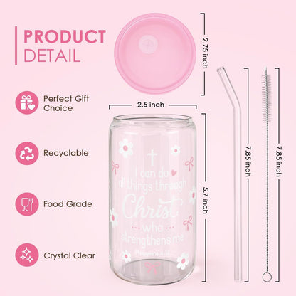 SANDJEST Christian Glass Can Tumbler 16oz, Inspirational Glass Cup with Lid & Straw, Iced Coffee Aesthetic Cups for Women Girls, Gifts Idea for Christmas Birthday