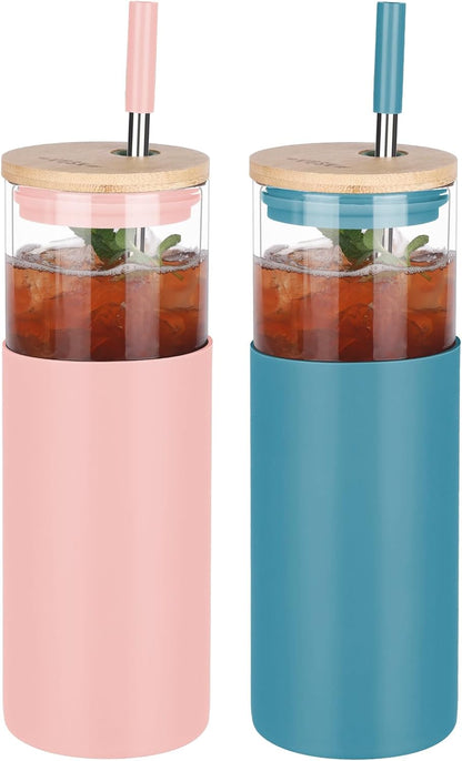 2Pack Glass Tumbler w/Lid &Straw - 24oz Reusable Glass Mug/Bamboo Lid & Stainless Steel Straw -BPA Free, Leak-Proof, Dishwasher Safe for Coffee, Smoothies, Hot Beverage, Travel, Office, Home Use