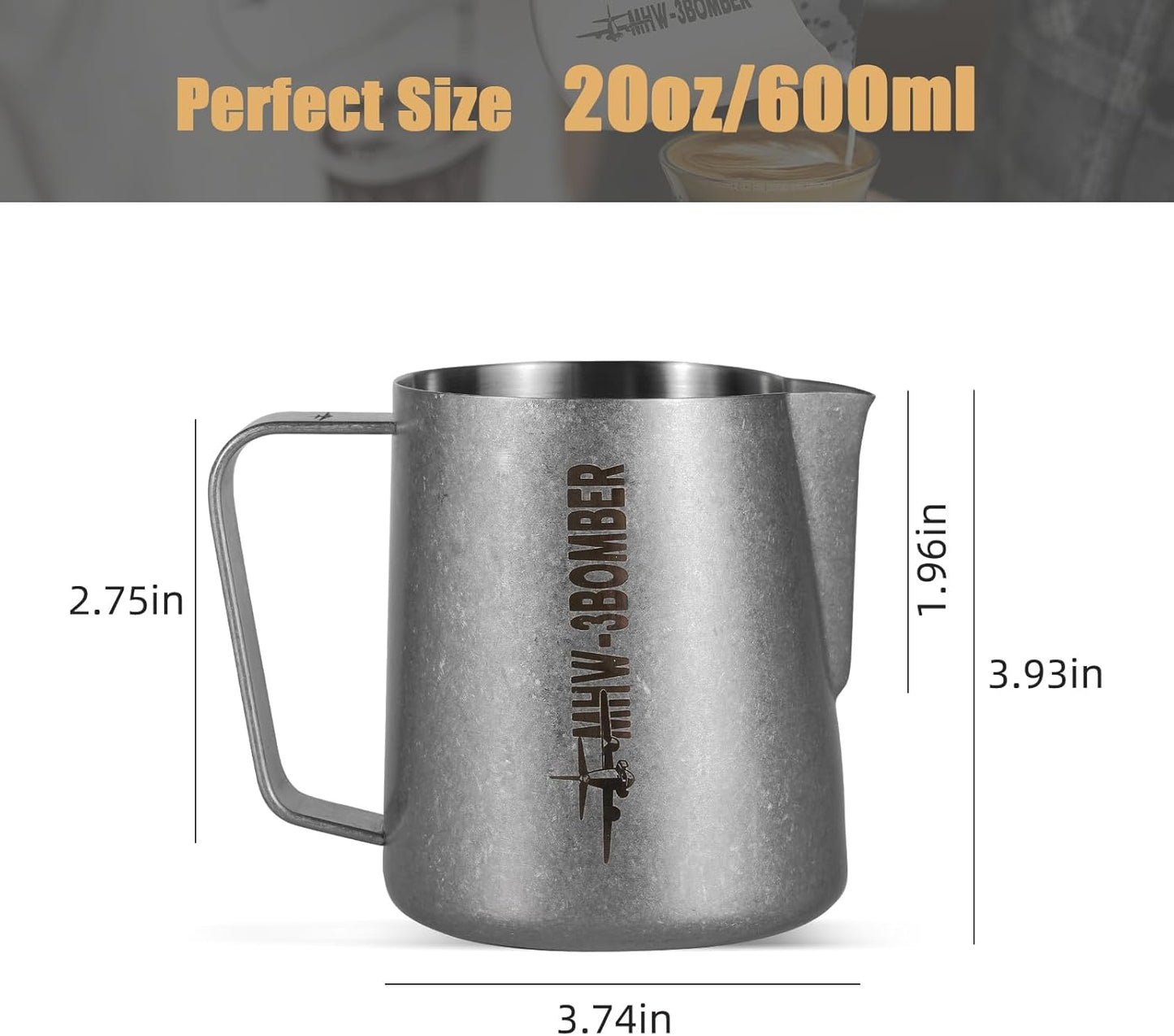 MHW-3BOMBER Milk Frothing Pitcher, 16oz/450ml Milk Frother Cup for Barista, SUS304 Stainless Steel Espresso Steaming Pitchers for Milk/Coffee/Latte Art, P3027SS-OS