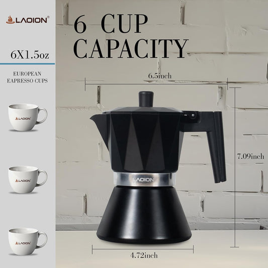 Moka Pot, 6-Cup Espresso Maker, 300ml Portable Stovetop Espresso Maker, Percolator Coffee Pot Compatible with Induction Cooktops, Suitable for Home and Camping (Black)