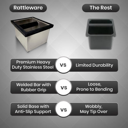 Rattleware Heavy-Duty Stainless Steel Knock Box Espresso Puck Disposal with Welded Bar Splash Guard, Ideal for Home, Cafe, Restaurant, Hotel, Coffee Bar, or Espresso Station (6" x 5.5" x 4")
