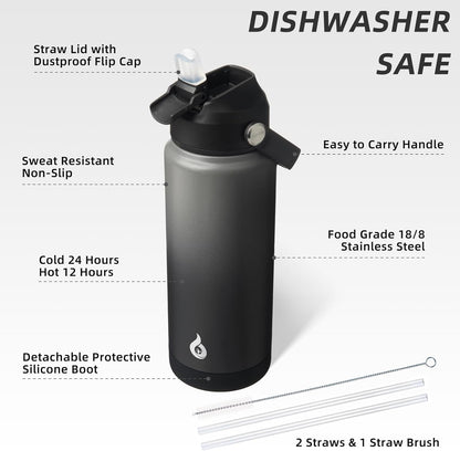 BJPKPK Water Bottle with Straw Lid, 24oz Vacuum Insulated Water Bottles, Metal Stainless Steel Thermos for Sports, Travel, BPA Free Leak Proof Thermos, Cups, Flasks, Tumblers,Black Grey