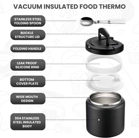 Soup Thermo for Hot Food Kids 25.5oz Lunch Containers with Buckle Lid Wide Mouth Hot Food Jar Vacuum Insulated Stainless Steel Bento Box Leakproof with Spoon(Black)