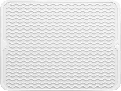 Silicone Dish Drying Mat for Multiple Usage,Easy clean,Eco-friendly,Heat-resistant Silicone Mat for Kitchen Counter or Sink,Refrigerator or drawer liner White L 16 inches x 12 inches
