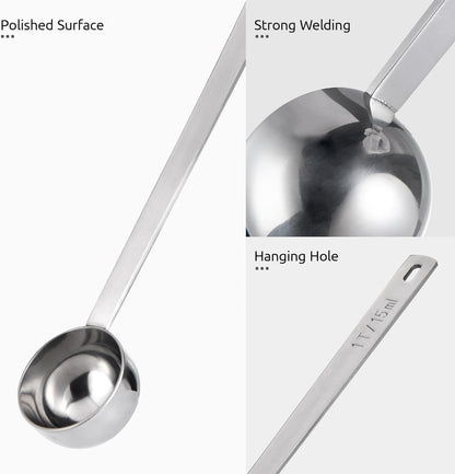 U-Taste Coffee Scoop 1 Tablespoon: 18/8 Stainless Steel Measuring Scooper for Ground Coffee, Bean, Powder, Espresso, 8.5in Extra Long Handle Metal Meaure Spoon for Canister, Jar (1Tbsp/15ml, Silver)