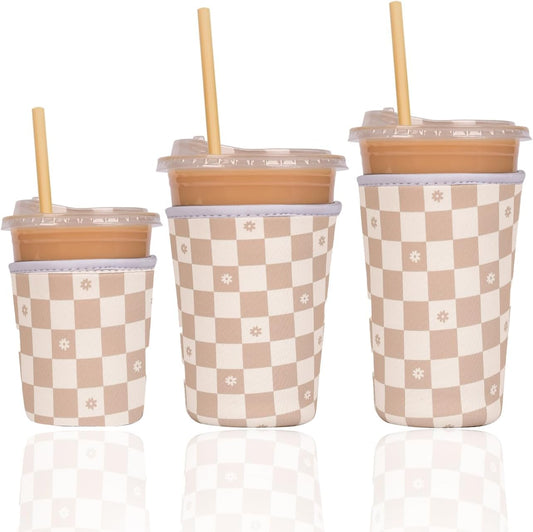 Reusable Insulated Neoprene Iced Coffee Cup Sleeve, Durable Drink Sleeve for Cold Beverages, Beverage Holder for Iced Coffee, Floral Checkers