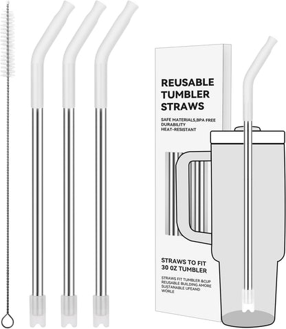 Reusable Metal Straws with Silicone Tip for Stanley 30oz,Stainless Steel Drinking Straws for 30oz Tumbler,3 Straight Tubes & 6 Tips& 1 Cleanr Brush (Transparent)