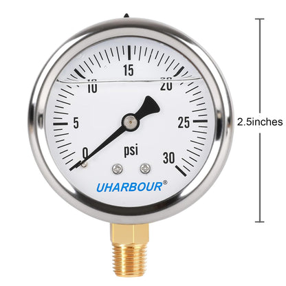 Glycerin Filled Pressure Gauge with 304 Stainless Steel Case, 2.5" Dial Size, 0-30Psi, High Accuracy, 1/4" NPT Center Lower Mount with Single Scale (psi).…