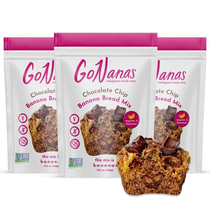 GoNanas Chocolate Chip Oat Flour Banana Bread Mix, Suitable for Plant Based Vegan Diets, Gluten Free Dairy Free Snacks, Healthy Snacks For Adults, Muffin Mix, Nut Free, Cupcakes Dessert, NON-GMO, 3pk