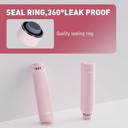 Slim Insulated Water Bottles for Travel 25oz with Clip, Double Wall Vacuum Stainless Steel Water Bottle Keeps Drinks Cold 24 Hrs/Hot 12 Hrs, 100% Leakproof, BPA Free(Pink)