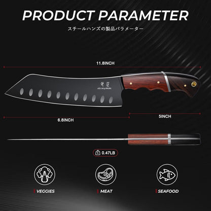 Santoku Knife 7 Inch - Japanese Chef Knife for Fish, Bunka Knife for Meat, Kiritsuke Knife for Vegetables, Black Slicing Knives with Full Tang Handle, Gift for Men Women