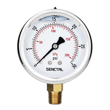 SENCTRL 0-30 PSI Glycerin Liquid Filled Low Pressure Gauge, 2.5" Dial Size, 1/4 NPT, Stainless Steel Case, Lower Mount, for Water Oil Air Pressure Test