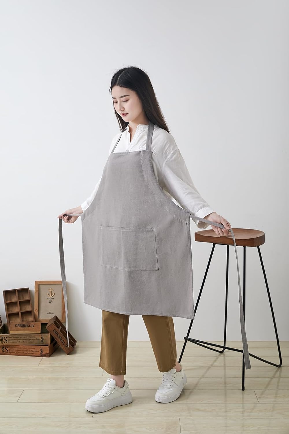 Cotton Linen Apron for Women - Adjustable Casual Apron with Pocktes, Great for Florist, Coffee House and Kitchen
