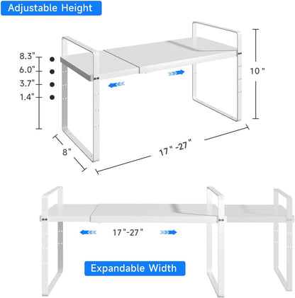 Expandable Cabinet Shelf Organizer, Stackable Kitchen Pantry Counter Storage, Adjustable Closet Cupboard Stand Rack Risers Spice Organization 80LBS Heavy Duty White Small 2 Pack