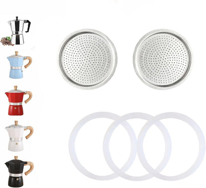 2 Pcs Filter with 3 Pcs Silicone Gasket Seals for 3 Cup Stovetop Espresso Coffee Maker Replacement Parts for DITOSH Aluminium Moka Pot