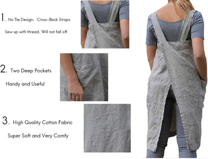 Women's Pinafore Square Apron Baking Cooking Gardening Works Cross Back Cotton/Linen Blend Dress with 2 Pockets