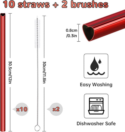 NiHome 10-Pack Heart-Shaped Stainless Steel Drinking Straws with 2 Cleaning Brushes, 12" Long Reusable Straws for Stanley Tumbler 30oz 40oz, Dishwasher Safe, Safe Edges for Kids (Pearl Red)