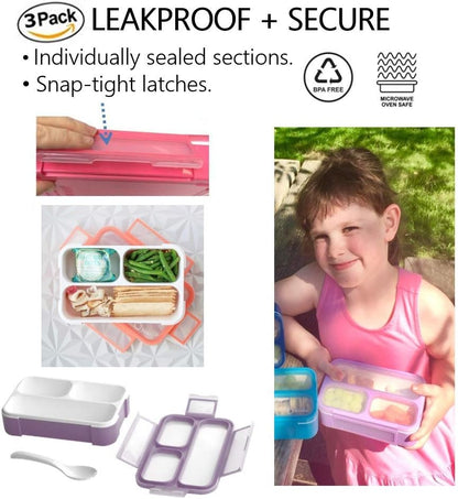 kinsho MINI Lunch-Box Snack Containers for Kids | SMALL Bento-Box Portion Container | Toddler Pre-School | Leak-proof Boxes for Work, Travel | Best for Adults Boys Girls | Pink Purple, Coral 3 pack