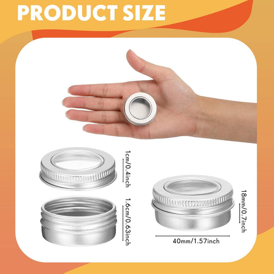 100 Pcs 0.5 Ounce Aluminum Tin Jar 15 ml Refillable Containers Clear Top Screw Lid Round Tin Container Bottle for Cosmetic, Cream, Diamond Painting, Salves, Balms, Lip Balm, Spices or Others, Silver