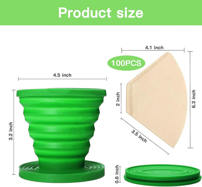 Collapsible Pour Over Coffee Dripper Set - Silicone Reusable Cone Filter Holders with 100Pcs Paper Filters - For Home, Camping, Travel, Office (1, Green)