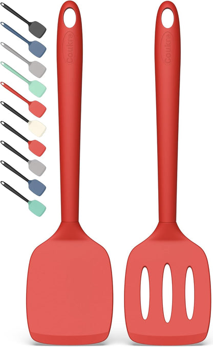 Coukre 2 Pack Silicone Spatula Set, High Heat Resistant, BPA Free Kitchen Spatula, Solid & Slotted Turner for Non-Stick Pans, Sautéing, and Flipping (2, PureRed)