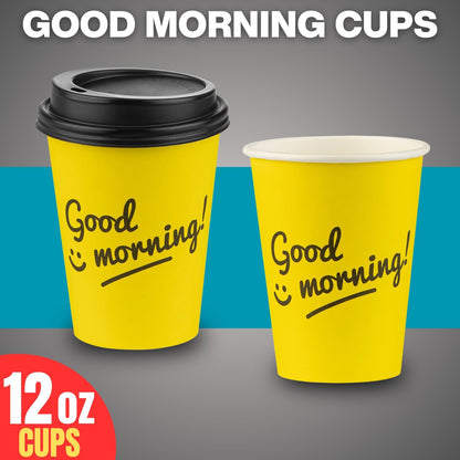 Smygoods Disposable Coffee Cups with Lids, To Go Paper Hot Cups, Good Morning Design (12 OZ, 100 Count) For Hot Beverages, Coffee, Tea, Espresso, Cocoa - Vasos Para Cafe