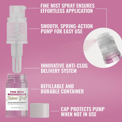 Bakell - Pink Rose Tinker Dust (4g, 1x Mini Spray Pump) Edible Glitter for Food, Desserts, and Beverages!