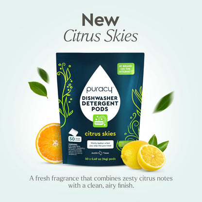 Puracy Dishwasher Pods, Natural Dishwasher Detergent, Citrus Skies Dish tabs - Enzyme-Powered, Spot & Residue Free - TikTok Trend Items, Must Haves from TikTok Made Me Buy It (Citrus Skies, 50 Count)