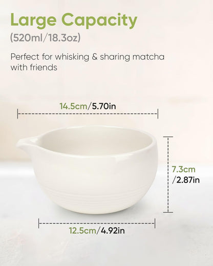 Traditional Matcha Bowl with Spout, Ceramic Matcha Tea Bowl (Chawan), Matcha Mixing Bowl for Whisking Matcha, Ivory White (18 Ounce)