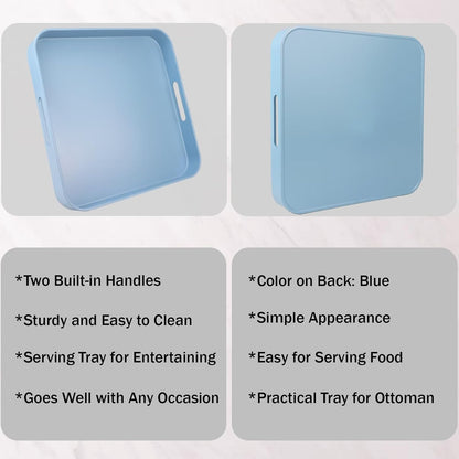 Square Blue Decorative Serving Tray with Handles, Versatile Ottoman Tray for Coffee Table, Entertaining, Outdoor Patio, Living Room, 13”*13”*1.6”