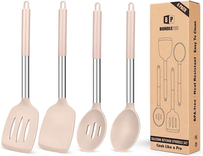 Pack of 4 Silicone Cooking Utensils Set, Non Stick Large Solid Spatulas, Heat Resistant Stainless Steel Khaki Slotted Spoons, Ideal BPA Free Kitchen Turners for Frying, Mixing,Serving,Draining,Turning