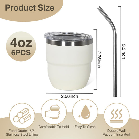 4oz Stackable Cup, Vacuum Insulated Espresso Cup Set of 6, Espresso Shot Glass for Coffee, Double Wall Stainless Steel Mini Tumbler Shot Glasses with Straw and Lid (A-white6P, 4oz)