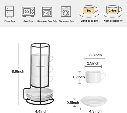 2.5oz Porcelain Stackable Espresso Cups with Saucers and Metal Stand Set of 4, Stackable Cappuccino Cups, White Expresso Shots Cup Set for Coffee Drinks, Latte, Tea
