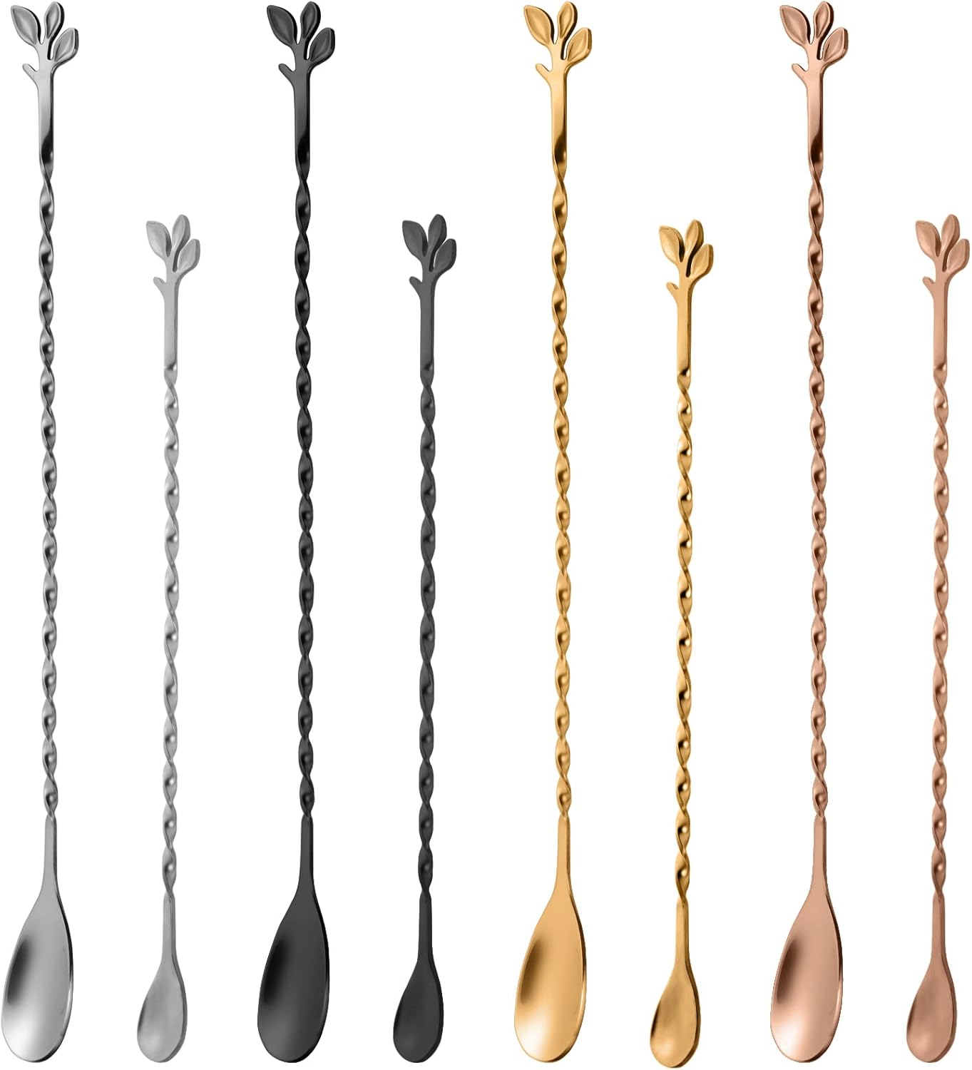 AnSaw Silver 12-Inch Stainless Steel Cocktail Spoon with Leaf Handle - Perfect for Mixing & Layering Drinks in Tall Cups, Bar & Shakers - Durable Long Handle Bar Stirrer,2-Pieces