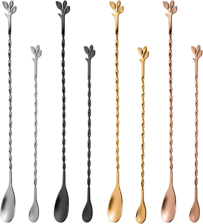 AnSaw Silver 10-Inch Stainless Steel Cocktail Spoon with Leaf Handle - Perfect for Mixing & Layering Drinks in Tall Cups, Bar & Shakers - Durable Long Handle Bar Stirrer,2-Pieces