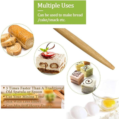 Danish Dough Whisk with Dough Scraper 10" Dutch Bread Whisk Bread Mixer Stainless Steel Dutch Bread Dough Whisk with Wooden Handle Dutch Whisk Baking Tools for Sourdough, Pizza, Pastry, Cake
