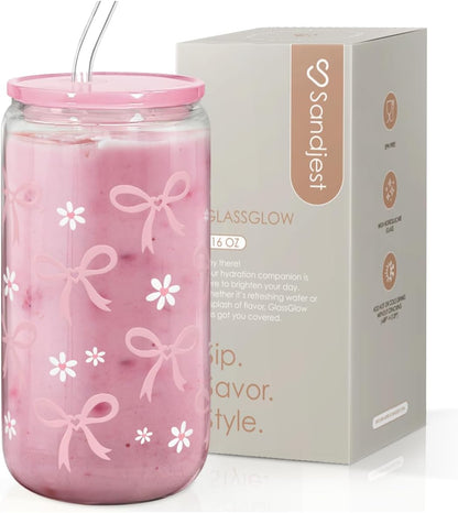 SANDJEST Bow Glass Can, Bows Cup with Lid & Straw, Iced Coffee Aesthetic Cups, Idea Gift for Christmas Birthday Mother Day, Gifts for Women, 16oz