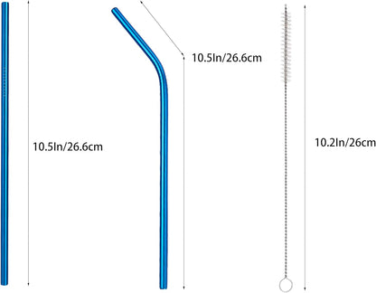 10 Pcs Stainless Steel Straws, Reusable Drinking Straws, 5 Straight + 5 Bent Metal Straws Set With 2 Pcs Cleaning Brushes (Blue, 10.5 Inch)