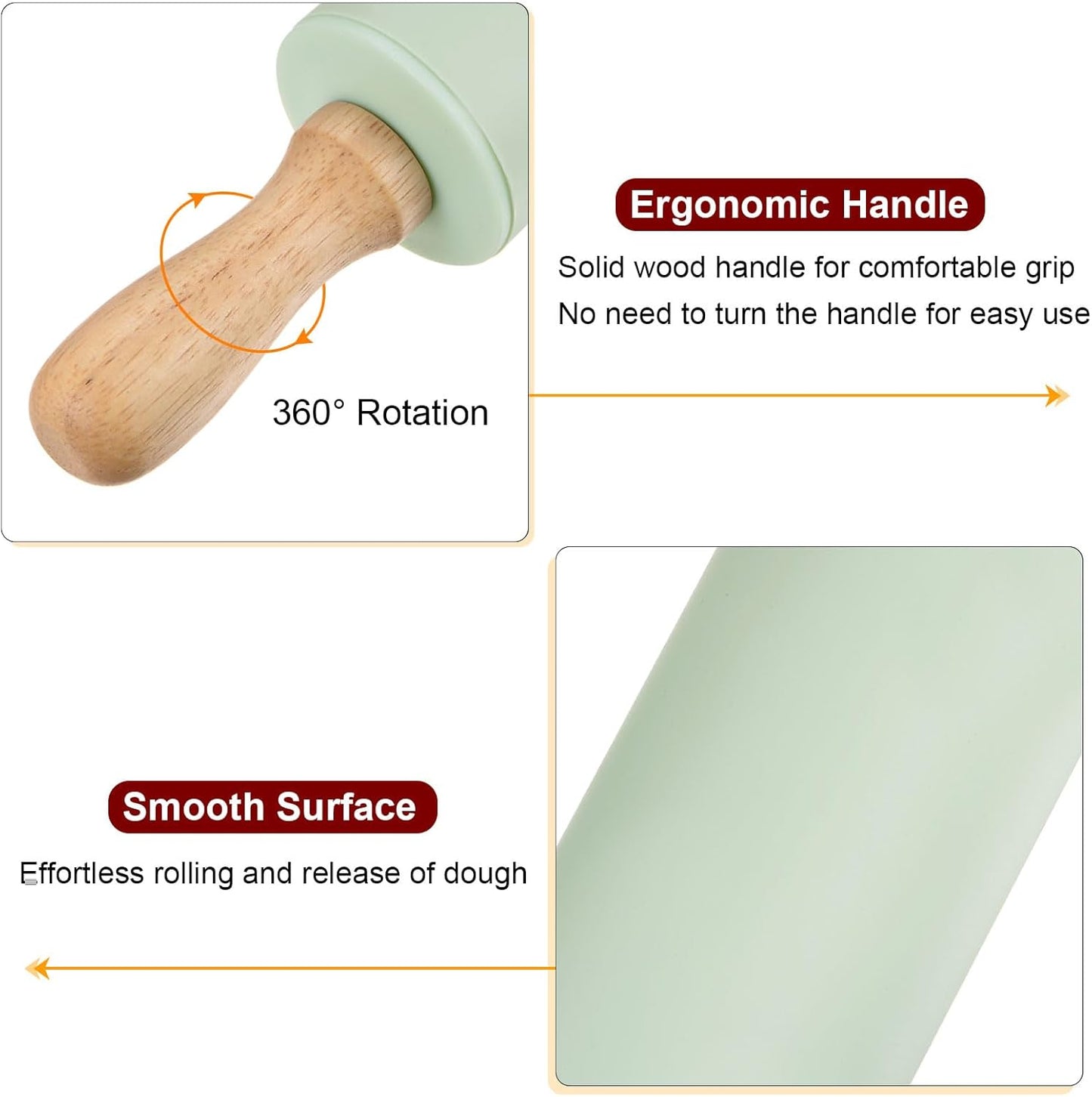 HARFINGTON Silicone Rolling Pins for Baking 12 Inch Wooden Handle Non Stick Rolling Pin Small Roller Playdough Rolling Pins for Dough Pizza Pastry Fondant Kitchen, Light Green