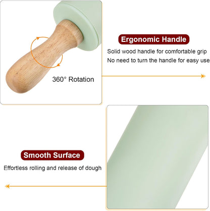 HARFINGTON Silicone Rolling Pins for Baking 12 Inch Wooden Handle Non Stick Rolling Pin Small Roller Playdough Rolling Pins for Dough Pizza Pastry Fondant Kitchen, Light Green