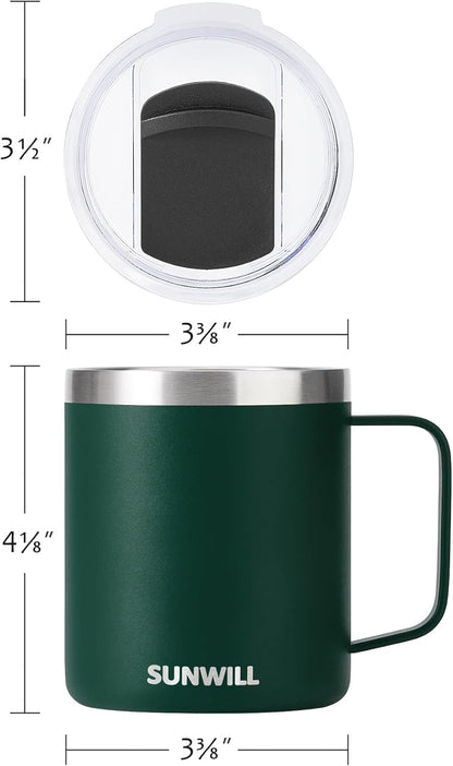 SUNWILL Travel Coffee Mug Set of 2, Insulated Tumbler with Lid, 14 oz Stainless Steel Cup with Handle for Camping, Office, Home, Powder Coated Forest Green & Plum